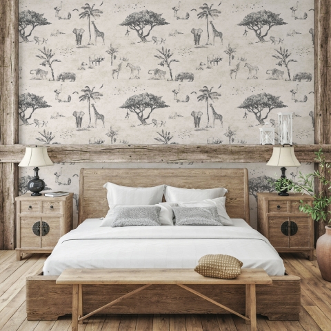 Vintage jungle dierenbehang beige voor achterwand bed Safari Aanbieding