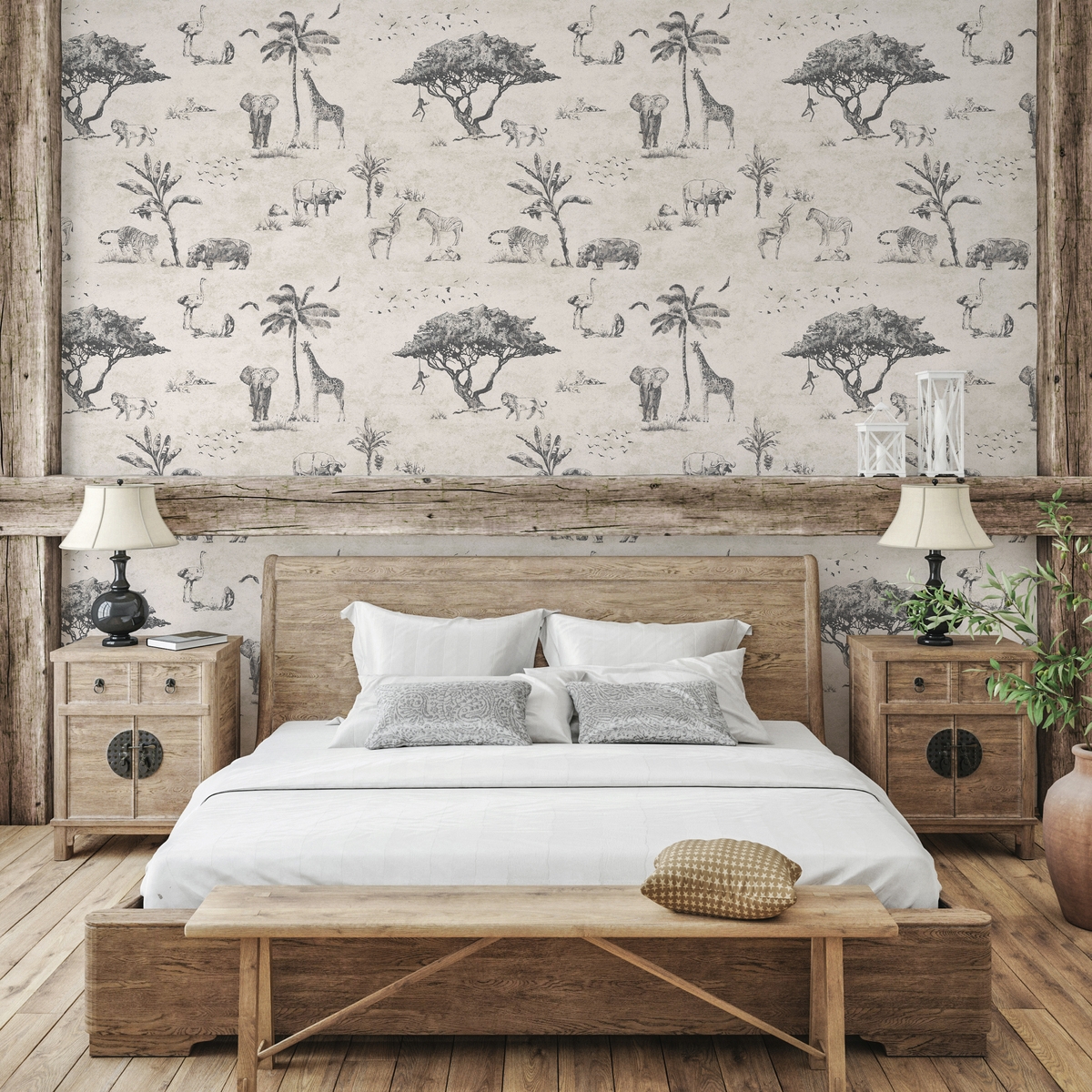 Vintage jungle dierenbehang beige voor achterwand bed Safari Aanbieding Vintage jungle dierenbehang beige voor achterwand bed Safari Aanbieding