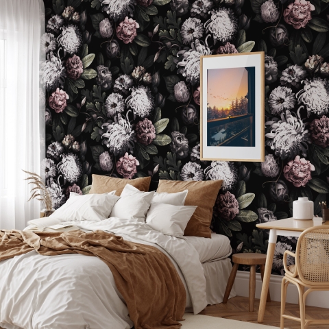 Behang met bloemenmotief voor slaapkamer shabby chic Donker Bloemenpatroon Aanbieding