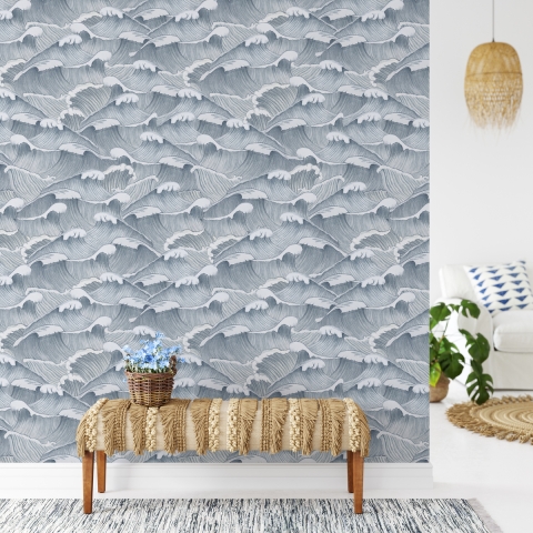 Artistiek vintage zelfklevend behang met wit-blauwe golven Zee Aanbieding
