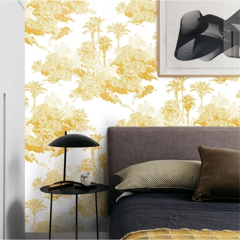 Vintage artistiek bloemenbehang wit en geel Toile de Jouy Aanbieding