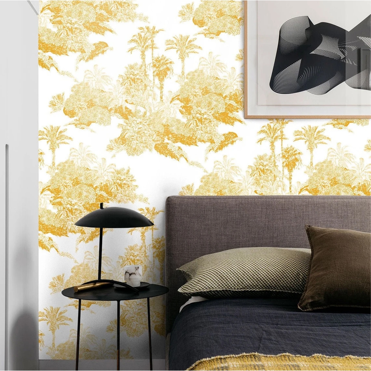 Vintage artistiek bloemenbehang wit en geel Toile de Jouy Aanbieding