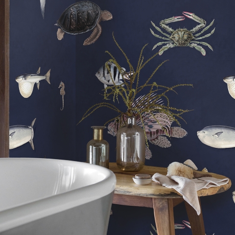 Moderne realistische maritieme designbehang Tropische Blauwe Vissen Aanbieding