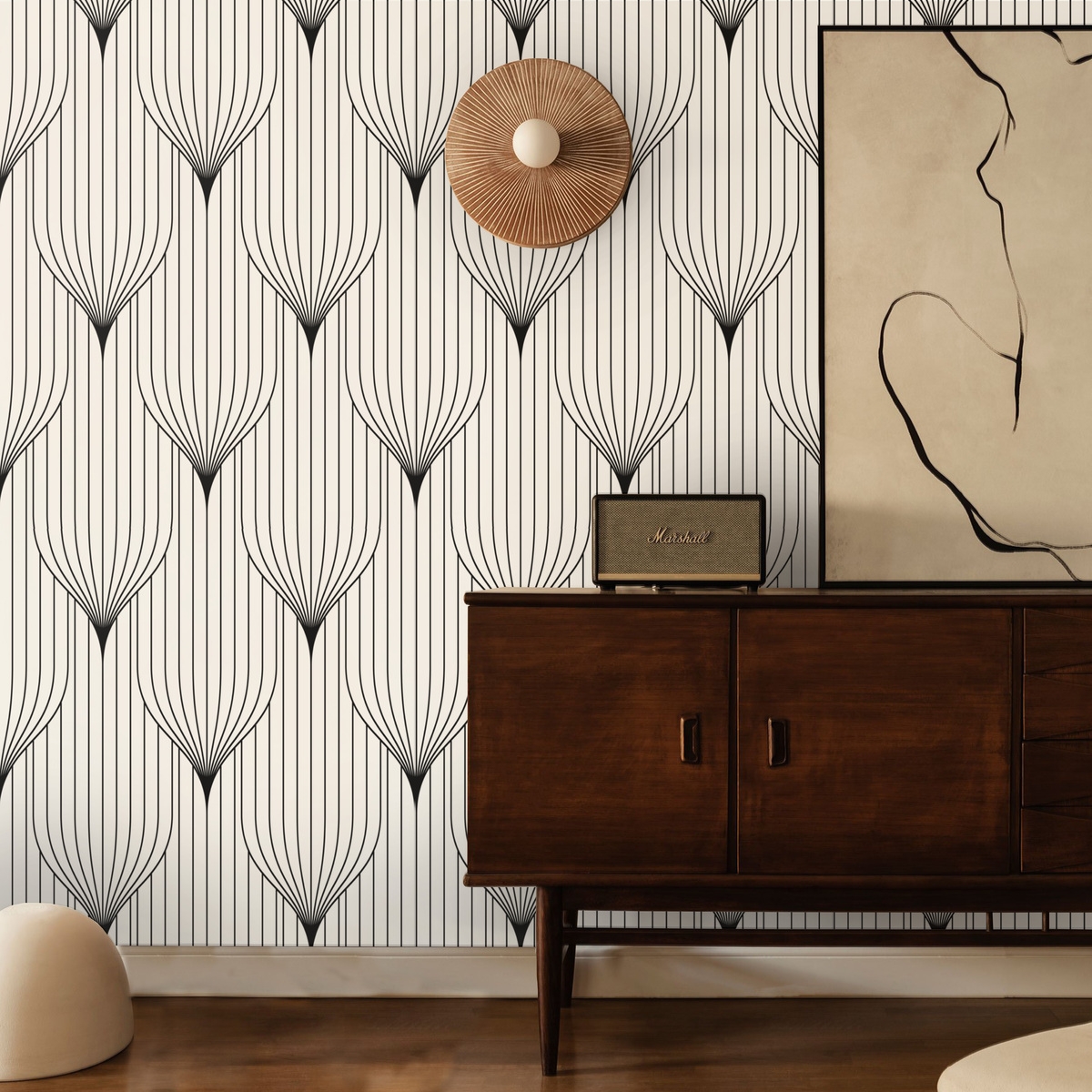 Vintage geometrisch behang in zwart en wit Art Déco-design Aanbieding Vintage geometrisch behang in zwart en wit Art Déco-design Aanbieding