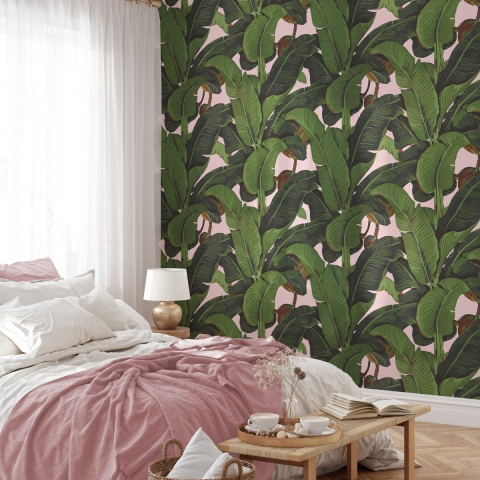 Bloemen jungle behang voor woonkamer Roze Bananenbladeren Aanbieding