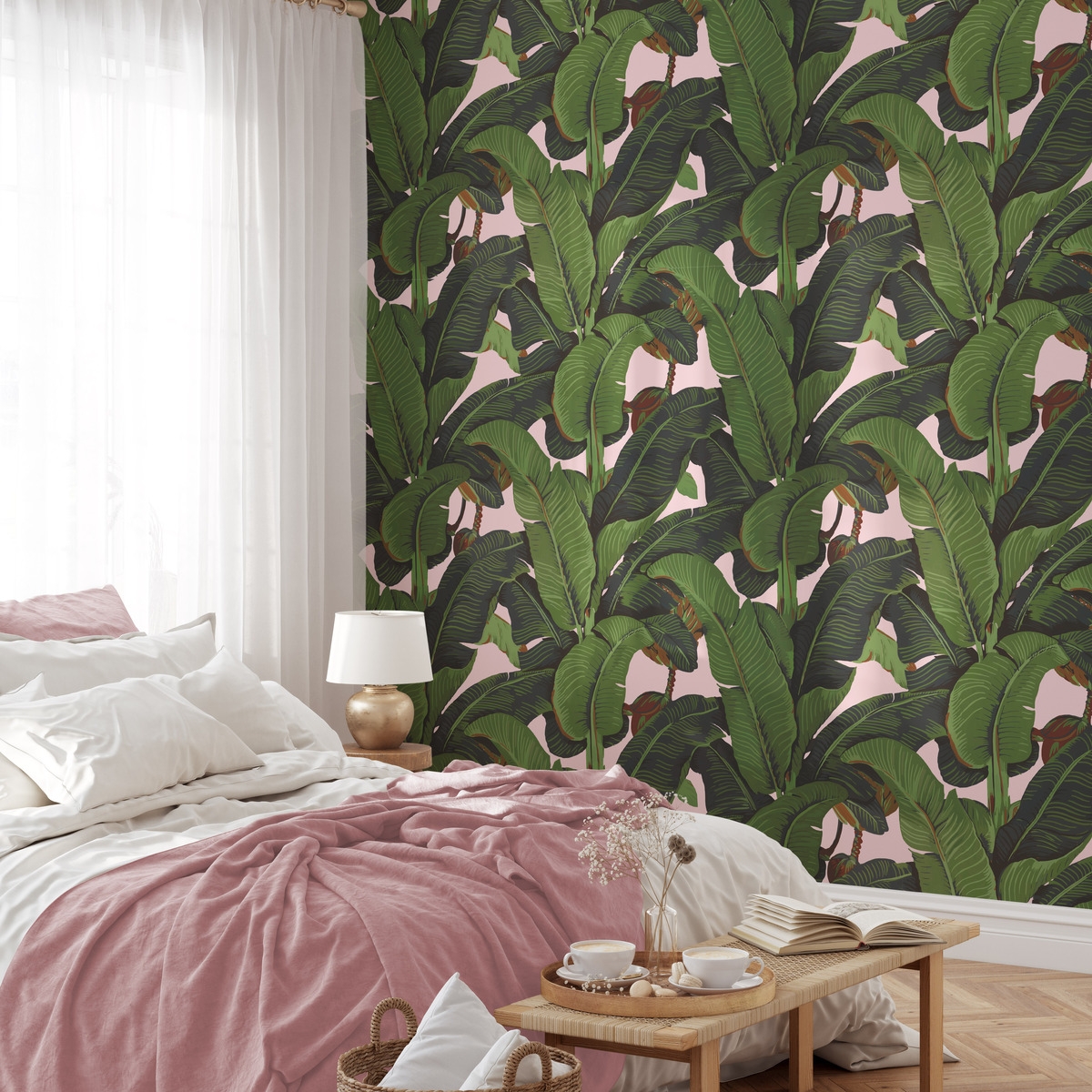 Bloemen jungle behang voor woonkamer Roze Bananenbladeren Aanbieding