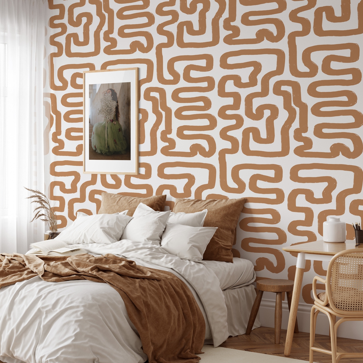 Zelfklevend behang met geometrisch abstract design in wit en hazelnoot. Aanbieding Zelfklevend behang met geometrisch abstract design in wit en hazelnoot. Aanbieding