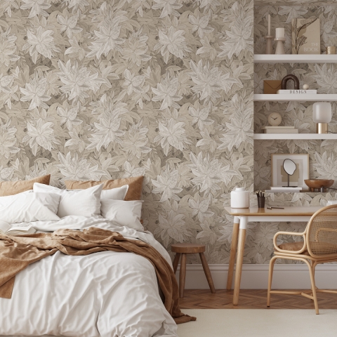 Elegante beige bloemenbehang voor slaapkamer, Hedera bladeren Aanbieding