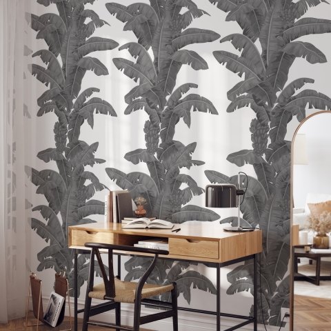 Behang Urban Jungle Planten Wit en Grijs Exotische Palmen Aanbieding