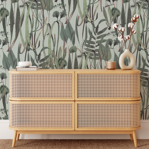 Behang voor woonkamer met jungleplanten en bladeren Botanica Verde Aanbieding