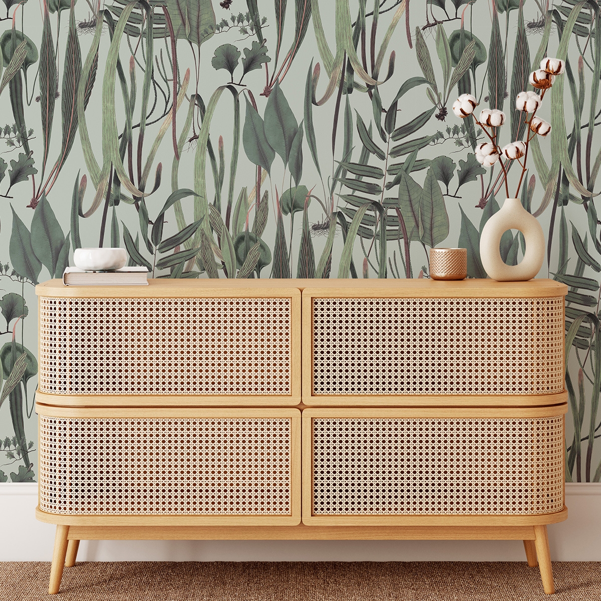 Behang voor woonkamer met jungleplanten en bladeren Botanica Verde Aanbieding Behang voor woonkamer met jungleplanten en bladeren Botanica Verde Aanbieding