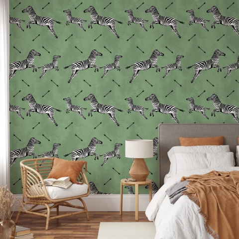 Zelfklevend groen behang voor slaapkamer met zebra's Aanbieding
