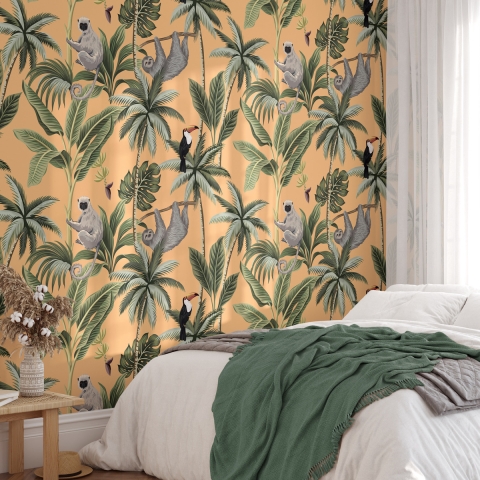 Oranje jungle behang met bladeren en dieren Jungla Tropicale Aanbieding
