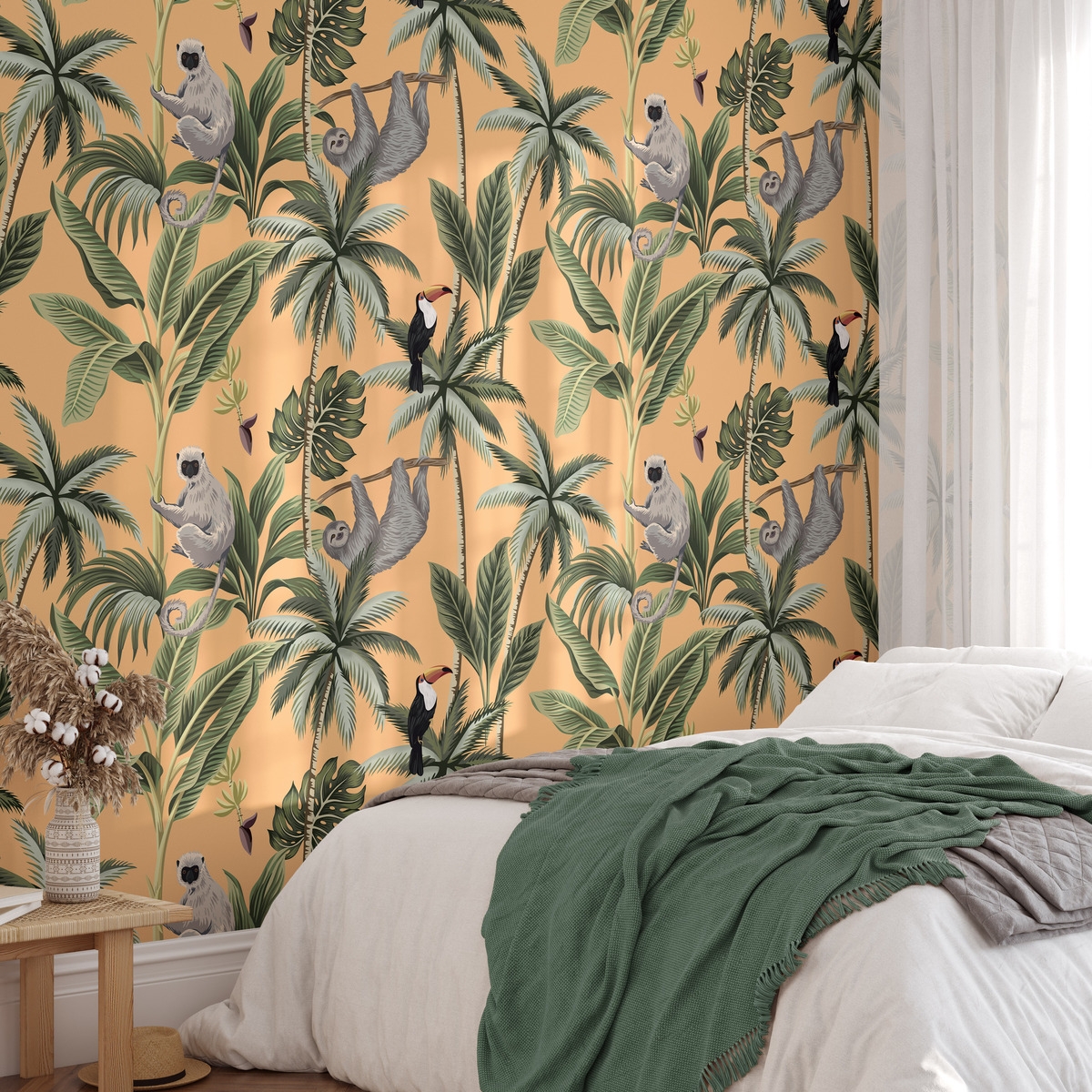 Oranje jungle behang met bladeren en dieren Jungla Tropicale Aanbieding Oranje jungle behang met bladeren en dieren Jungla Tropicale Aanbieding
