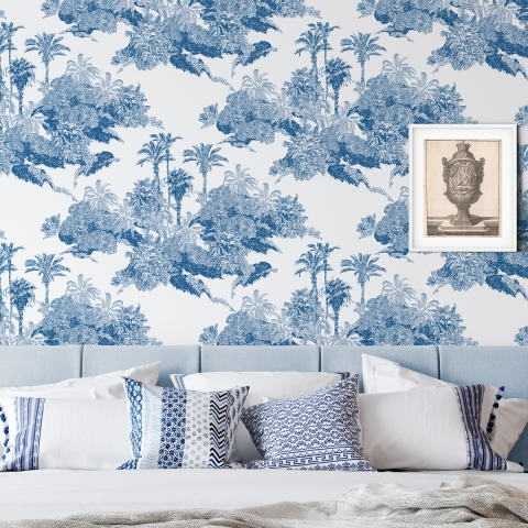 Vintage behang met bosprint in wit en blauw Toile de Jouy Blu Aanbieding