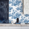 Vintage behang met bosprint in wit en blauw Toile de Jouy Blu Verkoop