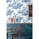 Vintage behang met bosprint in wit en blauw Toile de Jouy Blu Kortingen
