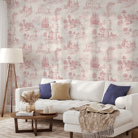 Vintage behang met roze landschappen voor woonkamer Toile de Jouy Rosa Aanbieding