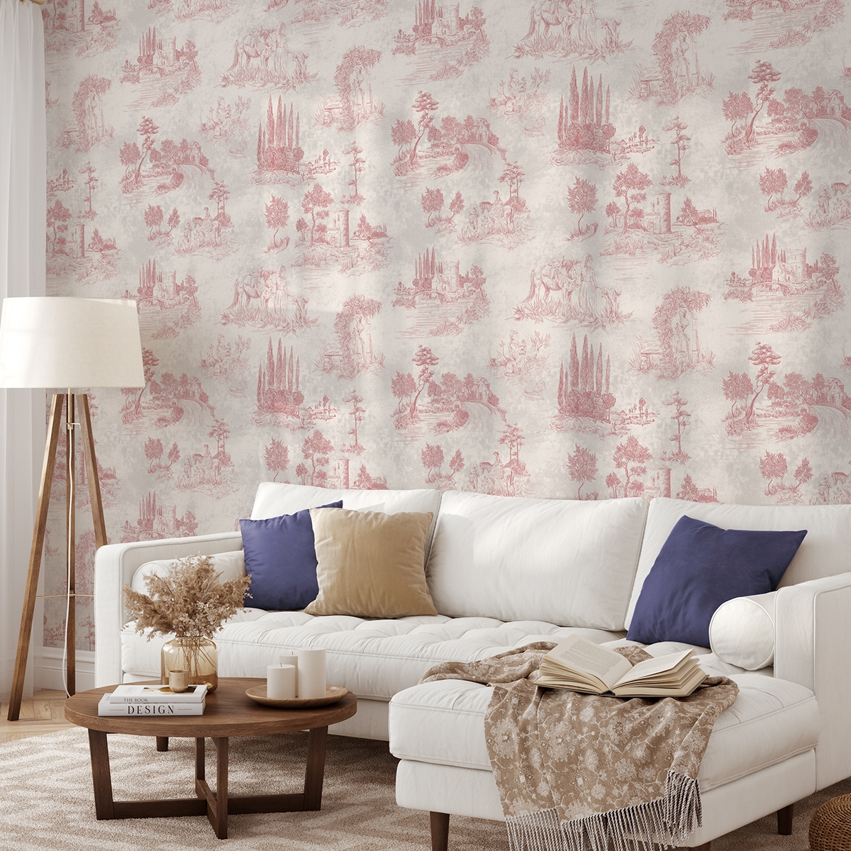 Vintage behang met roze landschappen voor woonkamer Toile de Jouy Rosa Aanbieding Vintage behang met roze landschappen voor woonkamer Toile de Jouy Rosa Aanbieding