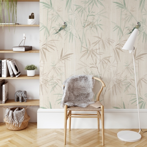 Behang met bloemenprint Oosterse planten Japanse bamboebos Aanbieding