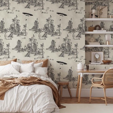 Vintage zwart-wit bosbehang Toile de Jouy Ufo Nero Aanbieding