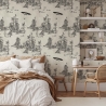 Vintage zwart-wit bosbehang Toile de Jouy Ufo Nero Aanbieding