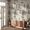 Vintage zwart-wit bosbehang Toile de Jouy Ufo Nero Verkoop