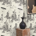 Vintage zwart-wit bosbehang Toile de Jouy Ufo Nero Aanbod