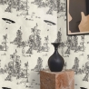 Vintage zwart-wit bosbehang Toile de Jouy Ufo Nero Aanbod