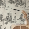Vintage zwart-wit bosbehang Toile de Jouy Ufo Nero Korting