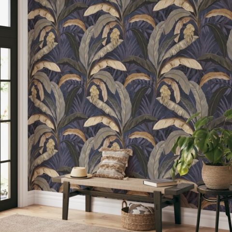 Behang Jungle Botanica Blauw Plantennatuur Achtergrond Aanbieding