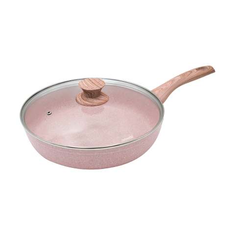 Anti-aanbak koekenpan 28cm roze granieteffect met deksel Stonerose Aanbieding
