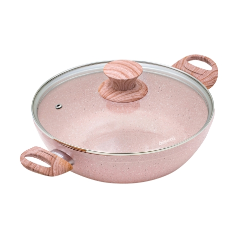 Antiaanbakpan 24cm roze graniet met deksel Bisetti Stonerose Aanbieding