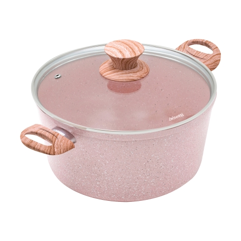 Antiaanbakpan 24cm roze granieteffect met deksel Stonerose Aanbieding