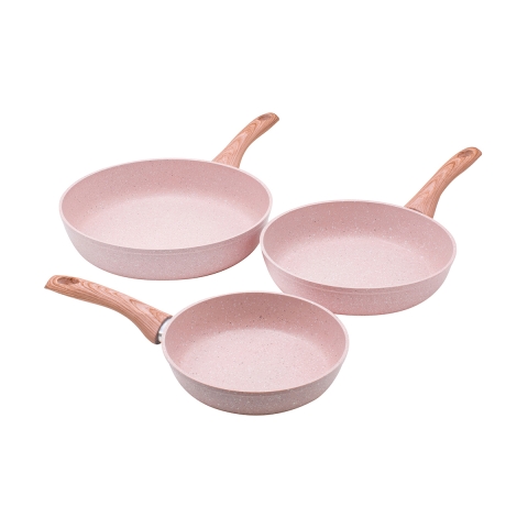 Set van 3 antiaanbak koekenpannen van aluminium met roze granieteffect Stonerose Aanbieding