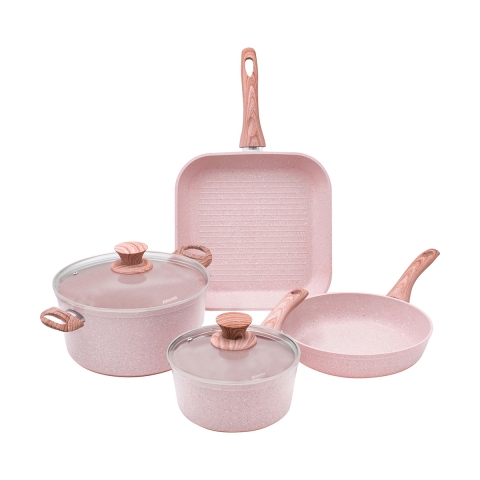 Kookpottenset 6-delig met grillpan graniet roze Stonerose Aanbieding