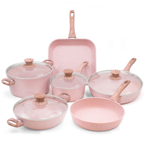 Stonerose 10-delige inductiepannenset met roze granietlook Aanbieding
