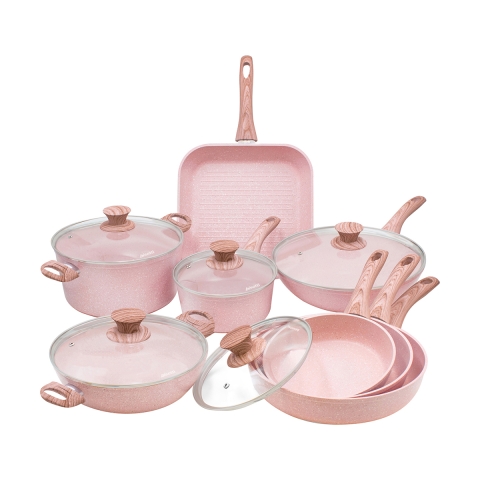 Set van anti-aanbak kookpannen en -schalen 13-delig roze graniet Stonerose Aanbieding