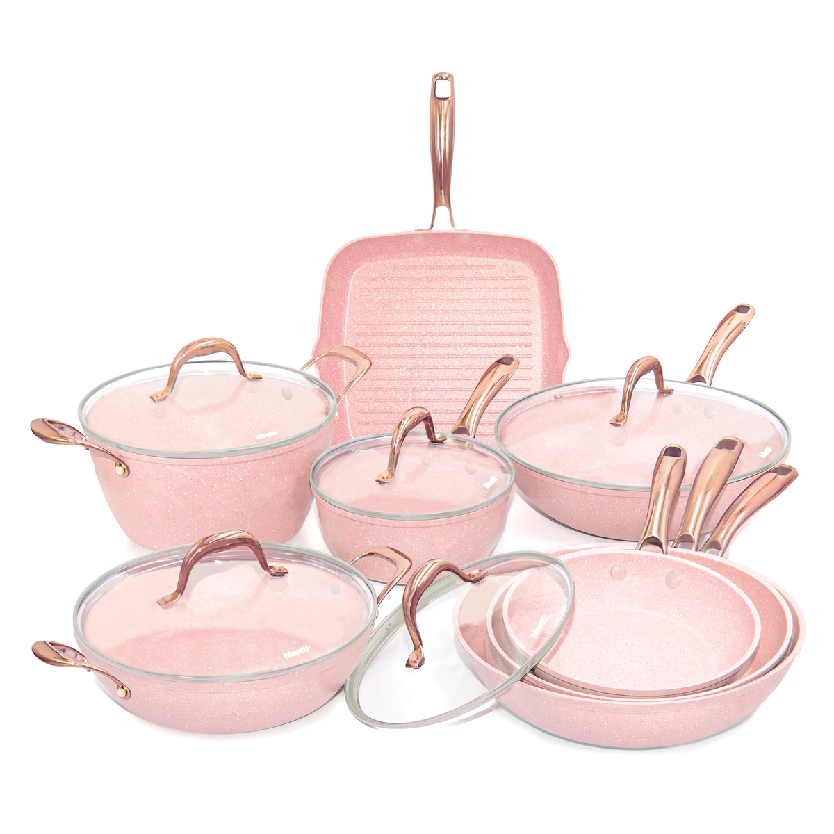 13-delige pannenset met roze granieteffect en stalen handvat Stonerose Aanbieding 13-delige pannenset met roze granieteffect en stalen handvat Stonerose Aanbieding