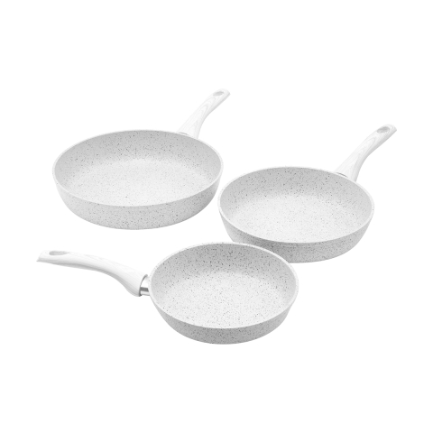 Set van 3 antiaanbakpannen met wit houten handvat Bisetti Stonewhite Aanbieding