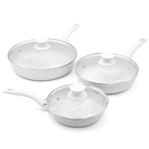 Set van 3 anti-aanbak aluminium pannen met deksels Bisetti Stonewhite Aanbieding