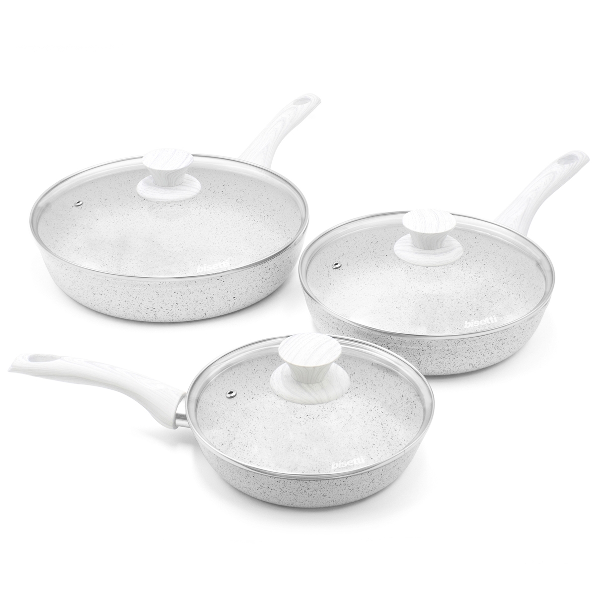 Set van 3 anti-aanbak aluminium pannen met deksels Bisetti Stonewhite Aanbieding