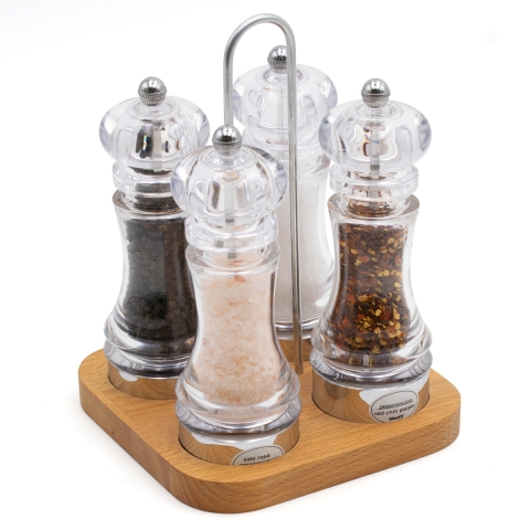 Bisetti set van 4-delige peper- en zoutmolens met beukenhouten basis Aanbieding