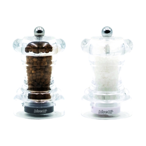 Bisetti transparante handmatige zout- en pepermolenset 10 cm Aanbieding