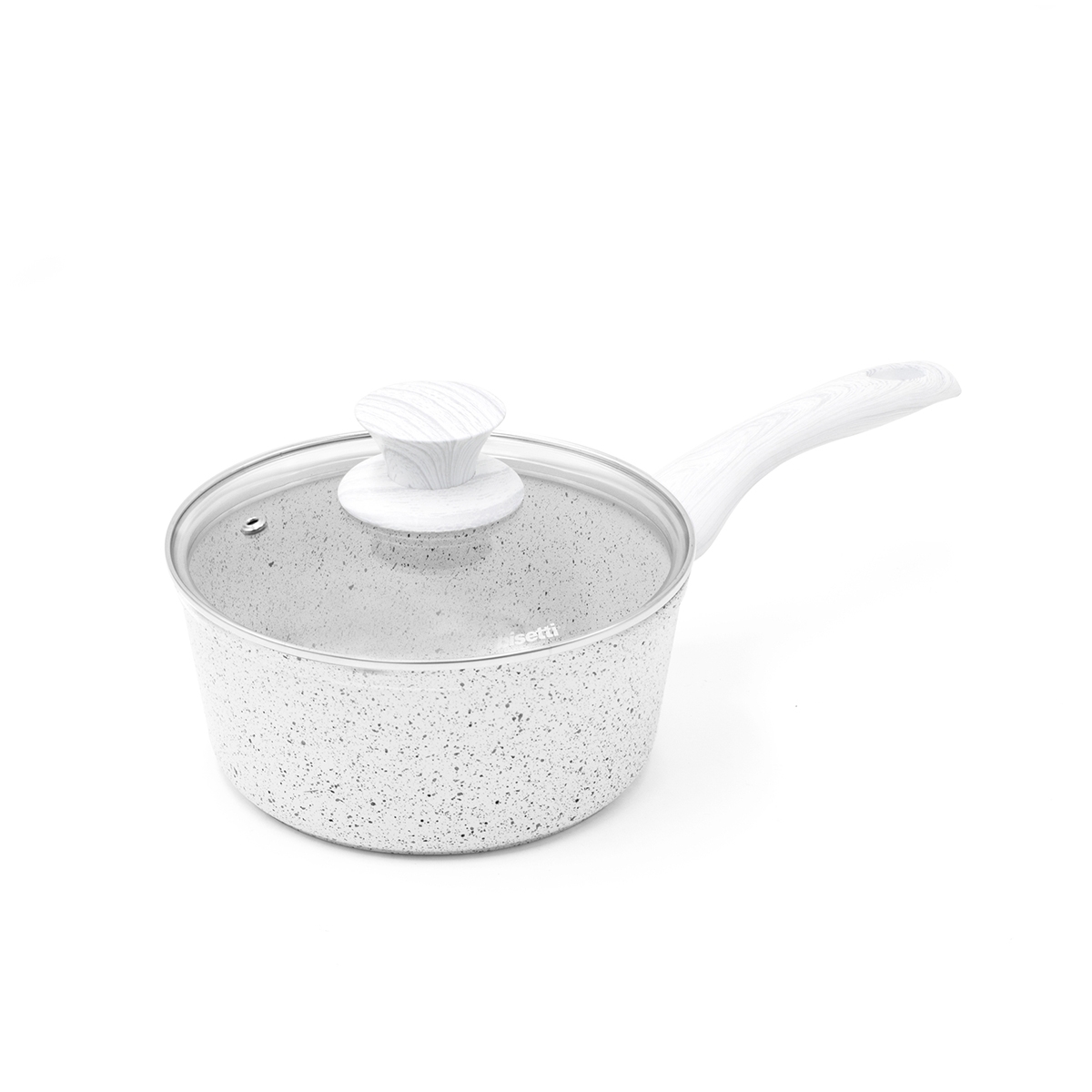 Antikleef kookpan 18cm met wit houten handgreep Bisetti Stonewhite Aanbieding