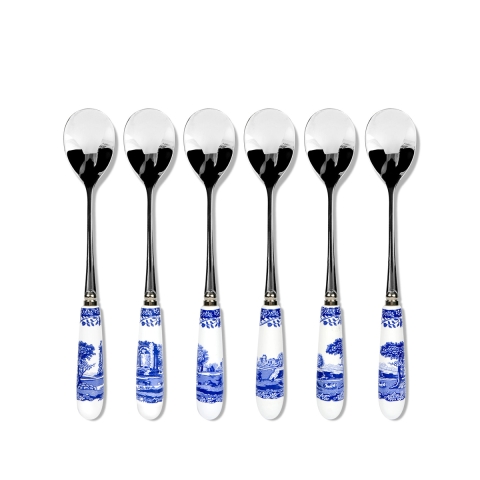 Set van 6 koffielepels roestvrij staal keramiek Engelse stijl Blue Italian Aanbieding