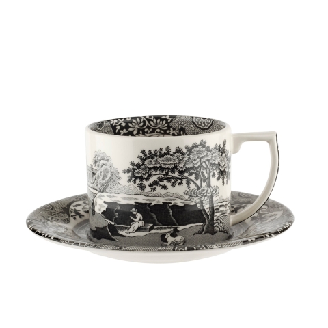 Theekop met schotel van porselein in Engelse stijl Black Italian Aanbieding