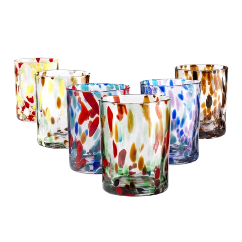 Set van 6 waterglazen 10cm in gekleurd glas, creatief design Banderoles Aanbieding