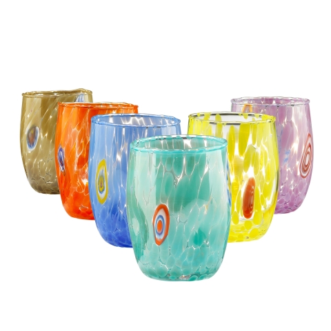 Set van 6 glazen waterglazen rond 10cm in gekleurd glas Bombetta Aanbieding