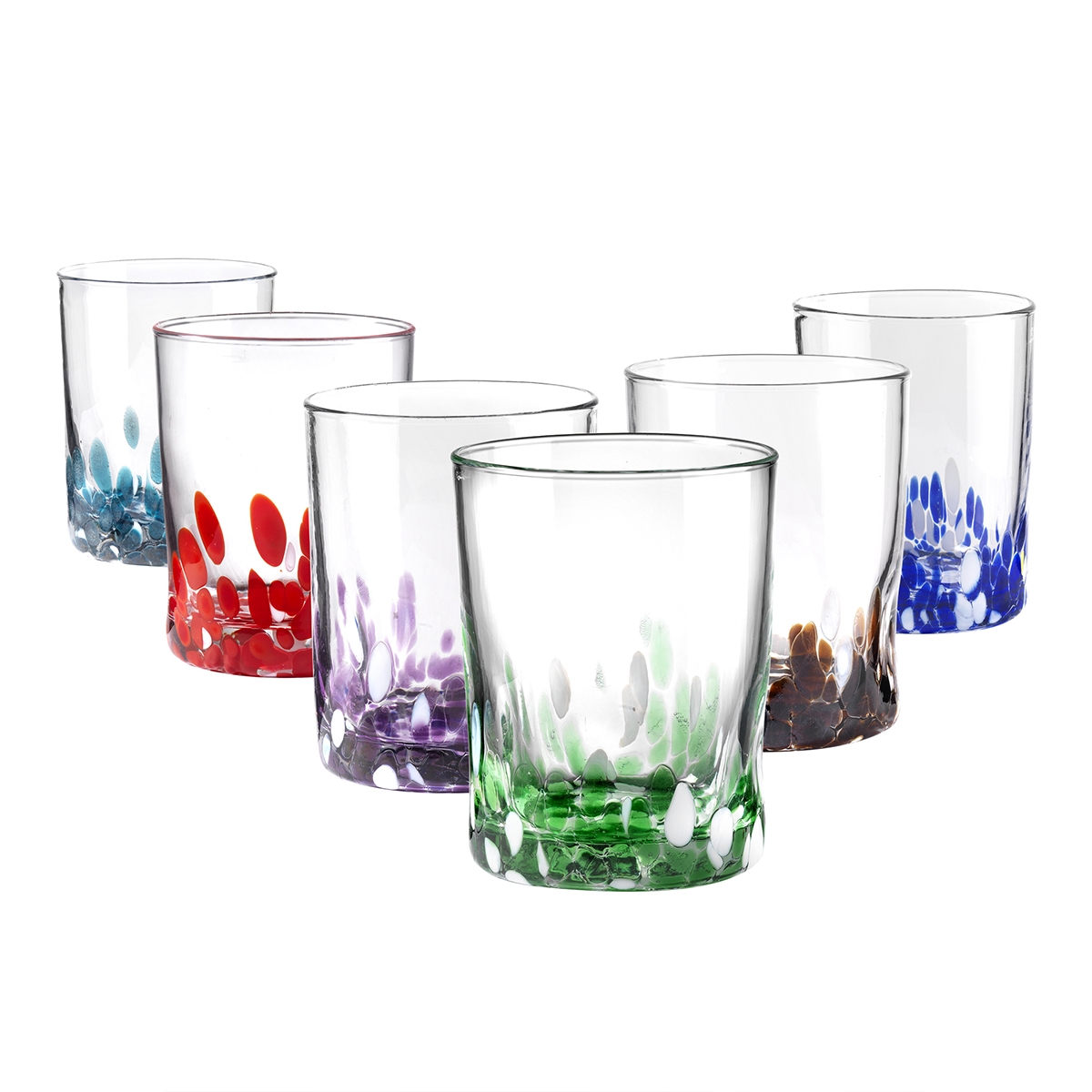 Set van 6 waterglazen, gemengde kleuren, decoraties, 10 cm, Venise Aanbieding Set van 6 waterglazen, gemengde kleuren, decoraties, 10 cm, Venise Aanbieding